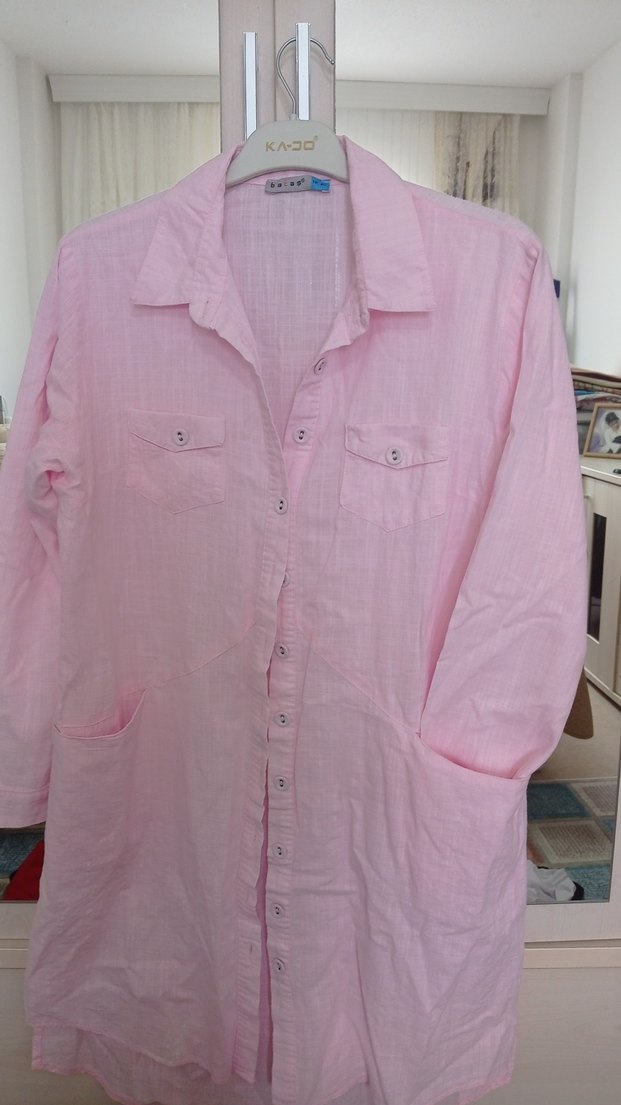 Pembe Kadın Keten Gömlek tunik - Görsel 4