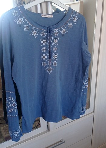 Nakışlı Mavi Bohem penye bluz - Görsel 3