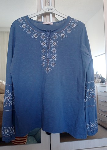 Nakışlı Mavi Bohem penye bluz - Görsel 2