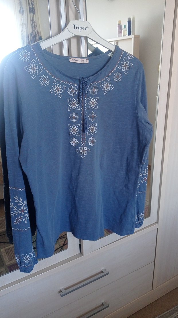 Nakışlı Mavi Bohem penye bluz - Görsel 3