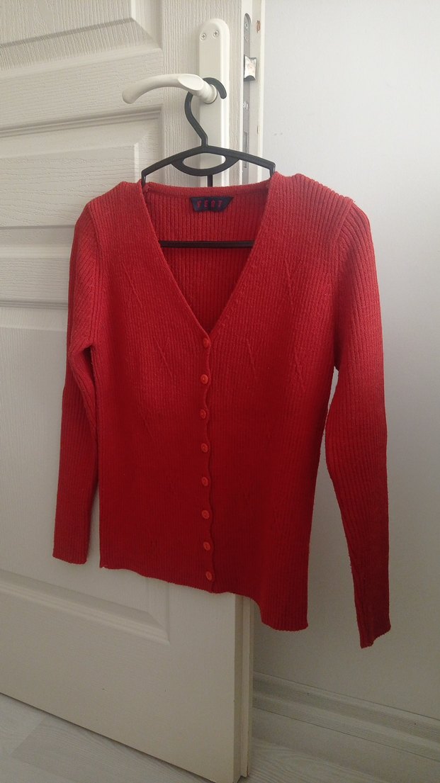 Kiremit rengi V Yakalı İnce Örgü Hırka - Görsel 2