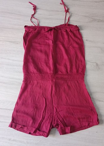 Bordo Keten Mini Tulum, Askılı, Salaş Kesim - Görsel 3