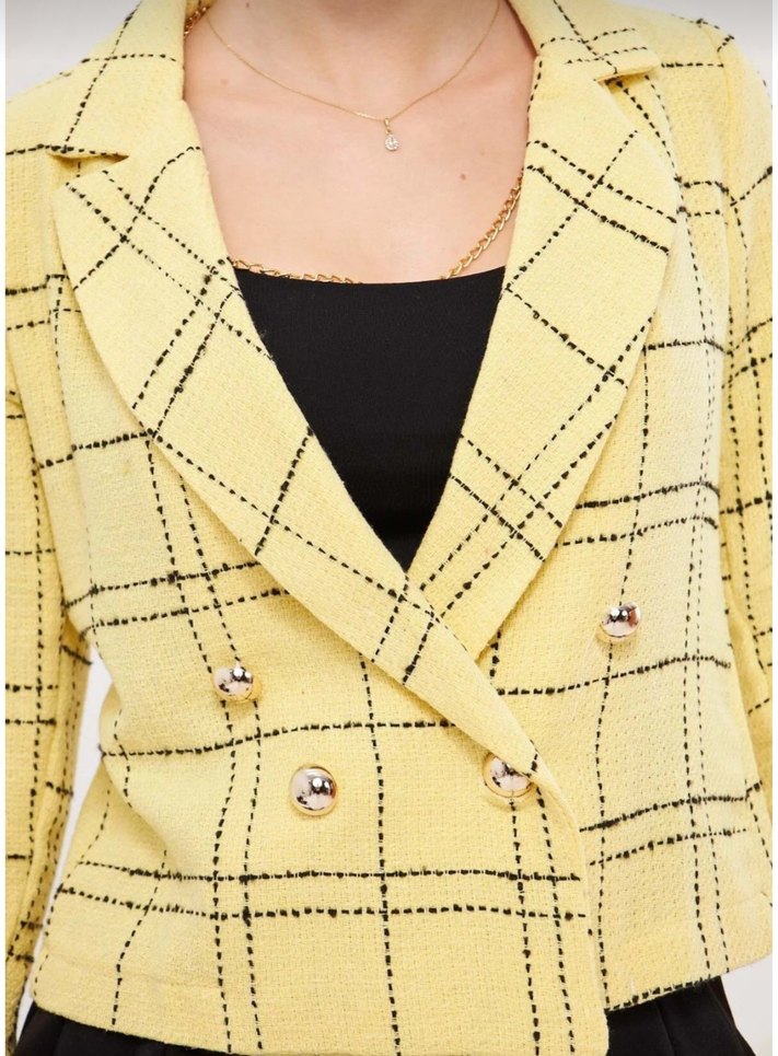 Sarı Ekose Desenli Düğmeli Kadın Blazer - Görsel 2