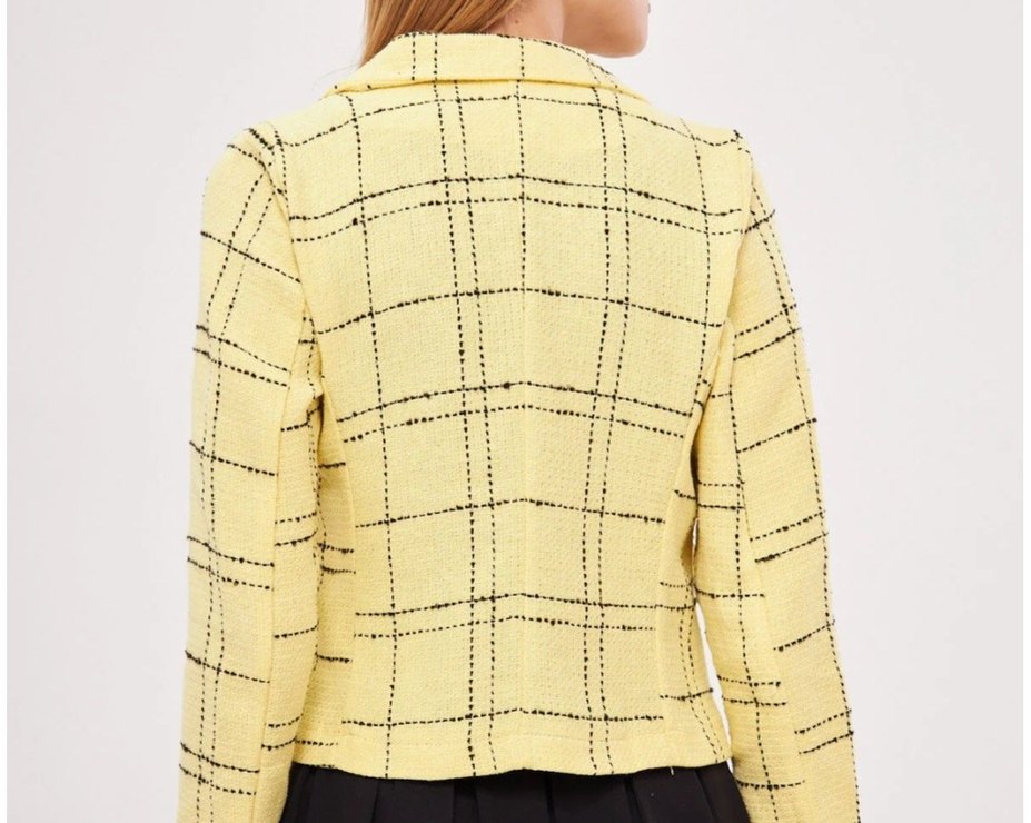 Sarı Ekose Desenli Düğmeli Kadın Blazer - Görsel 3