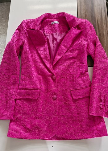 Dantel Detaylı Parlak Pembe Kadın Blazer Takım - Görsel 2