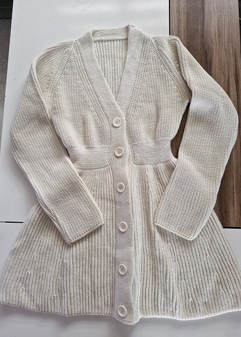 Kadın krem Örgü Mini Uzun Kollu elbise - Görsel 2