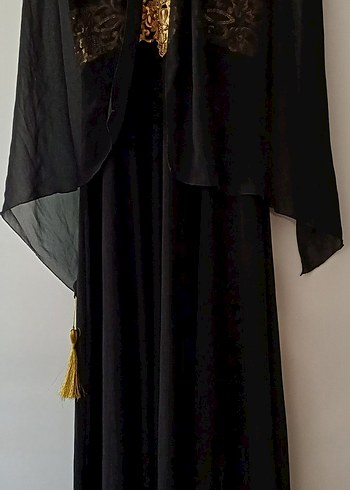 Koyu Altın İşlemeli Uzun Askılı abiye  Elbise - Görsel 3