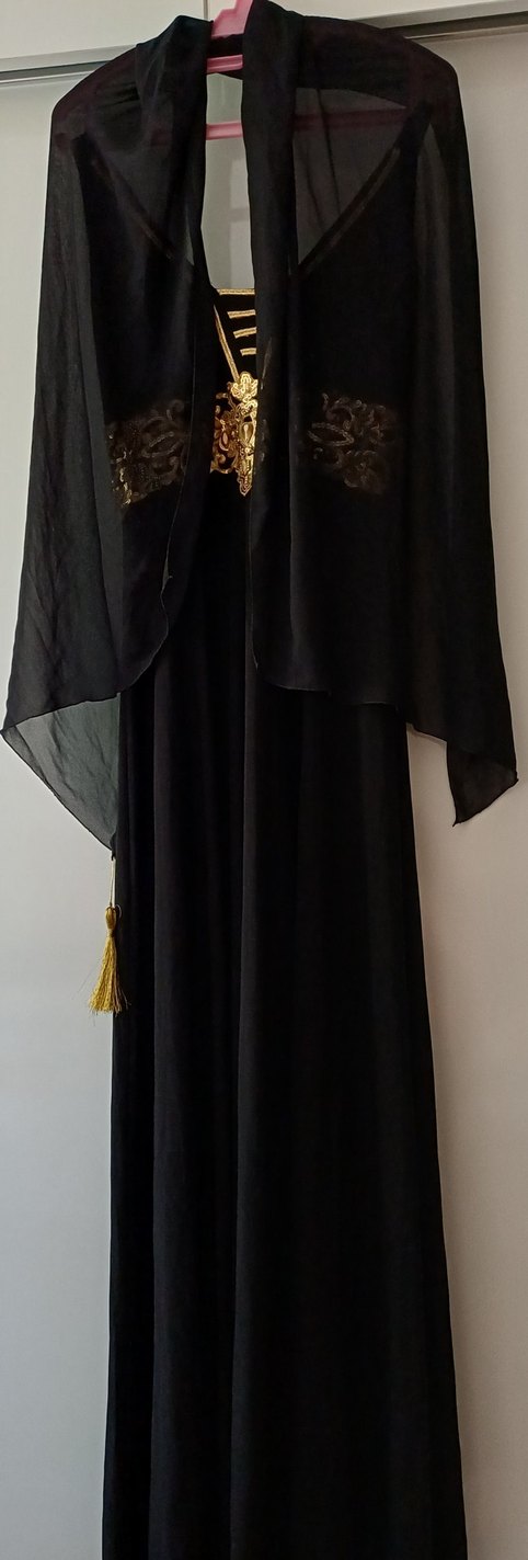 Koyu Altın İşlemeli Uzun Askılı abiye  Elbise - Görsel 3