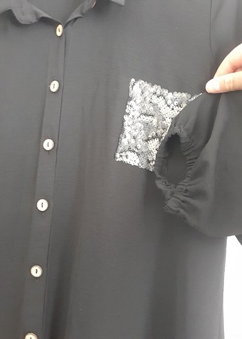 diğer Beden Düğmeli Siyah Midi Keten Tunik