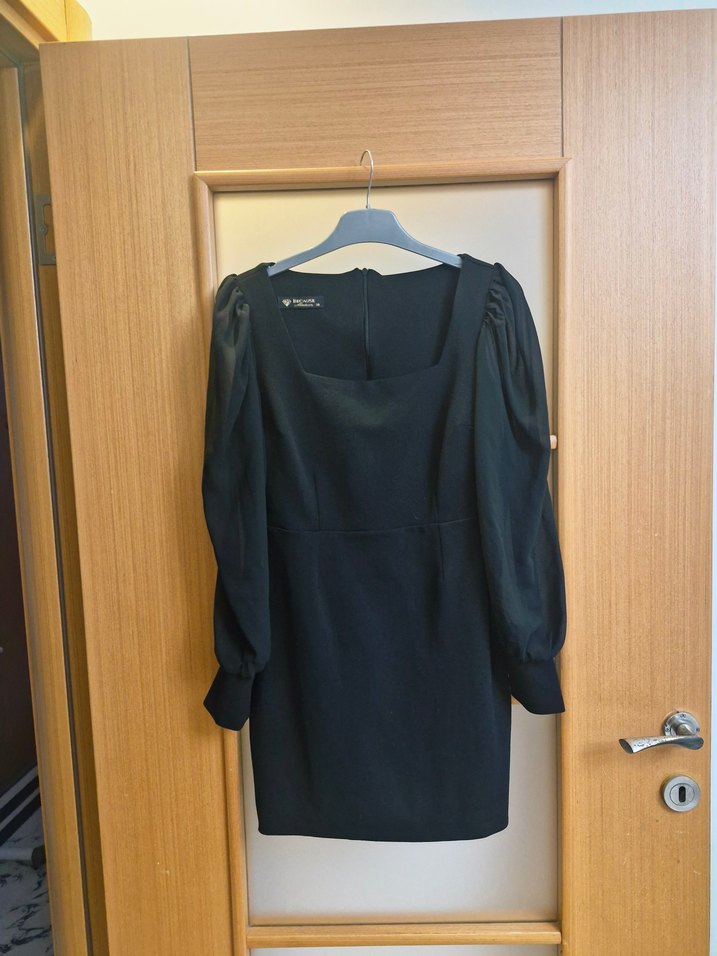 Siyah Transparan Kollu Kadın Kalem Elbise - Görsel 3