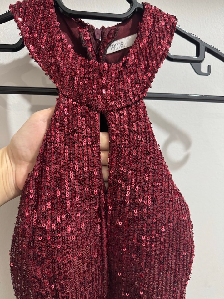 Bordo Payetli Uzun Abiye Elbise - Görsel 2