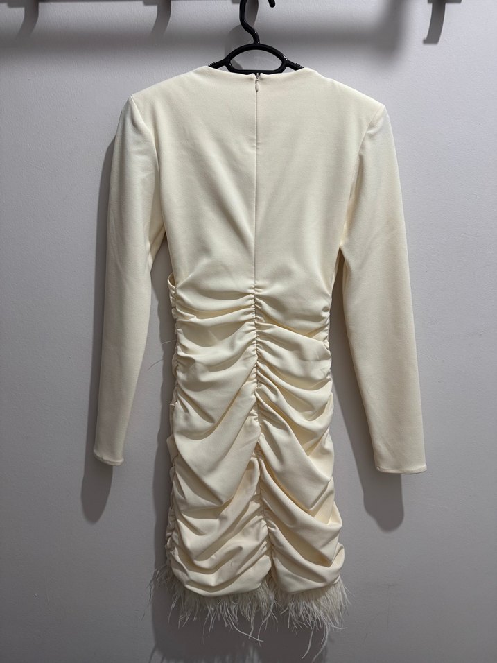 Drapeli Beyaz Mini V Yaka Elbise - Görsel 2