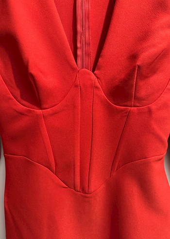 Kırmızı V Yakalı Korseli Uzun Kollu Mini Elbise - Görsel 3