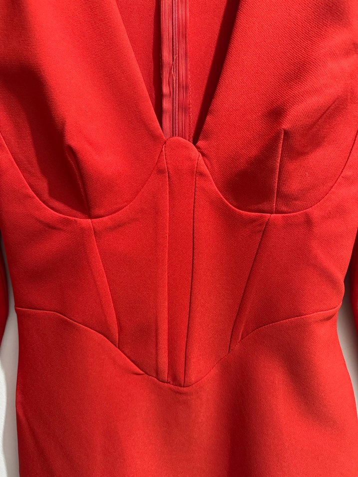 Kırmızı V Yakalı Korseli Uzun Kollu Mini Elbise - Görsel 3