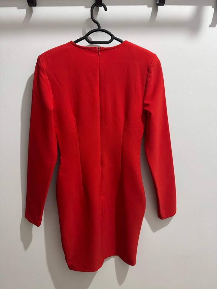 Kırmızı V Yakalı Korseli Uzun Kollu Mini Elbise - Görsel 2