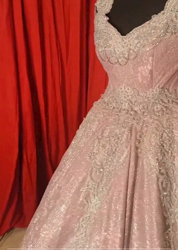 işleme Detaylı Pembe Uzun Abiye Elbise - Görsel 6