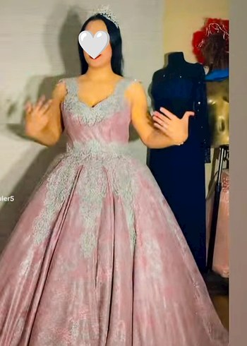 işleme Detaylı Pembe Uzun Abiye Elbise - Görsel 3