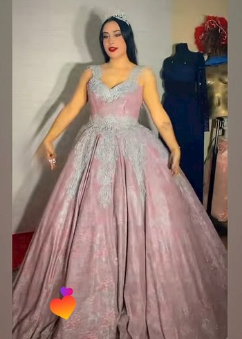 işleme Detaylı Pembe Uzun Abiye Elbise - Görsel 4