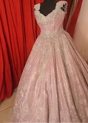 işleme Detaylı Pembe Uzun Abiye Elbise - Görsel 5