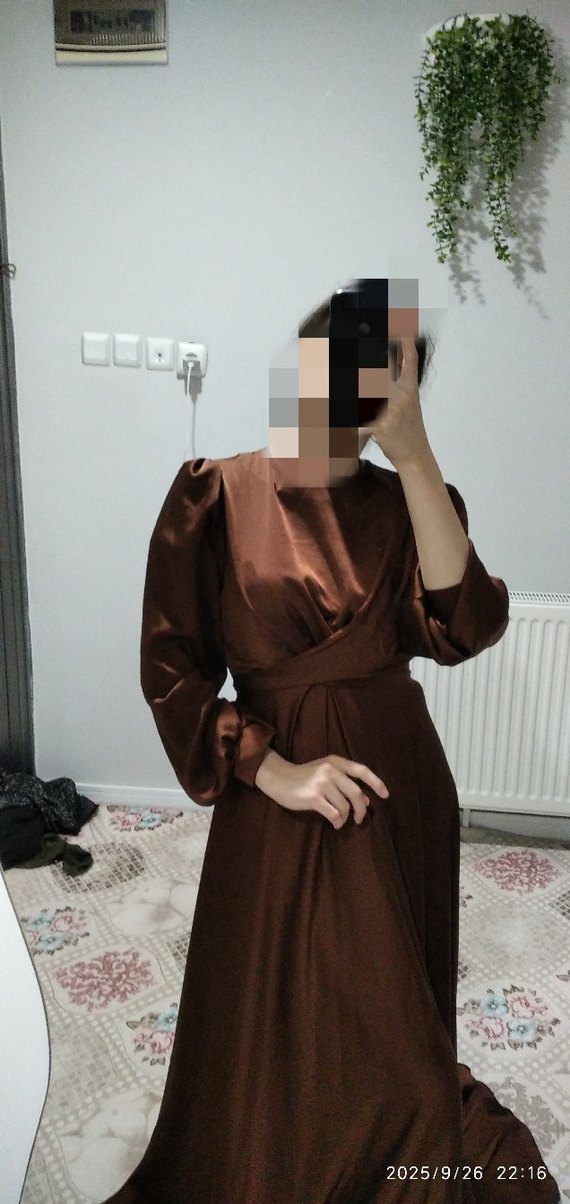 Kahverengi Drapeli Uzun Kadın Elbise - Görsel 2