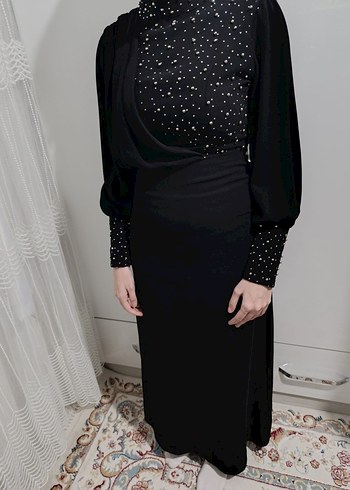 Drapeli Siyah Uzun Kollu Abiye Elbise - Görsel 2