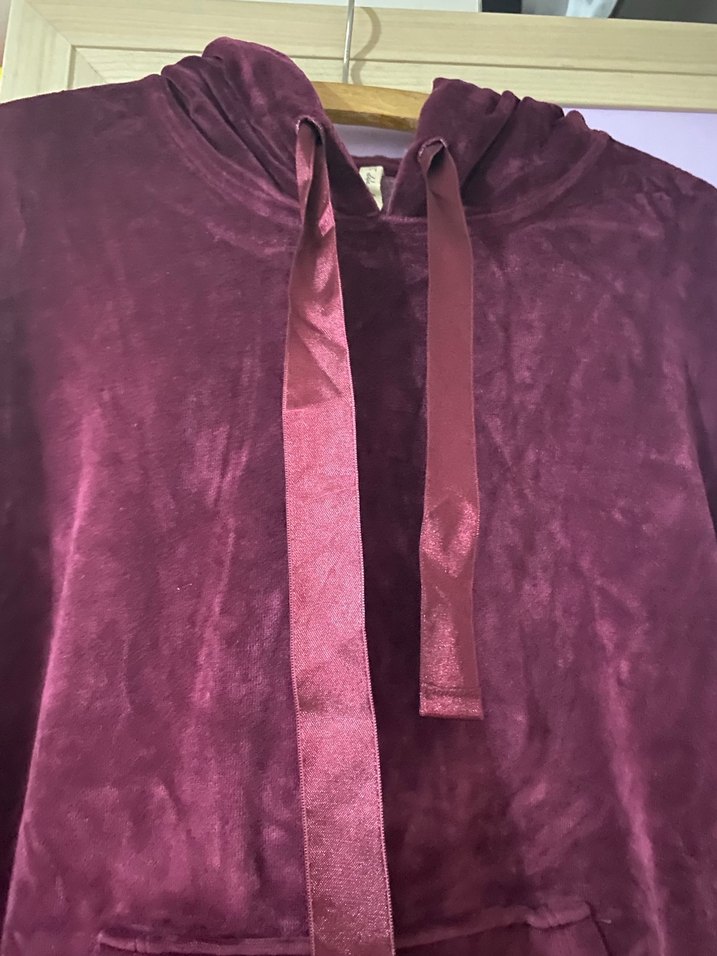 Bordo Kadın Kapüşonlu Süet Sweatshirt - Görsel 3