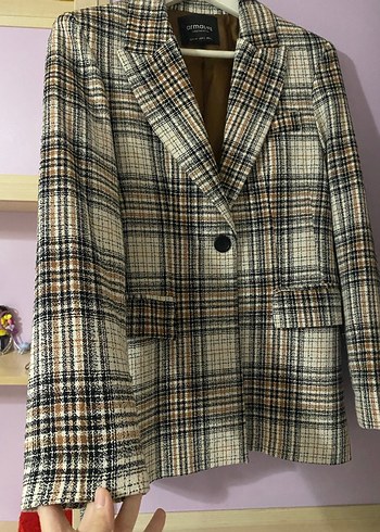 Düğmeli Kahverengi Ekose Kadın Blazer Ceket - Görsel 2