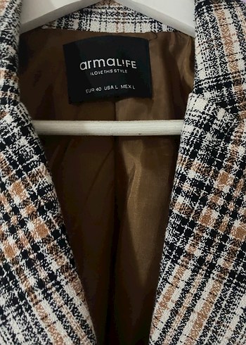 Düğmeli Kahverengi Ekose Kadın Blazer Ceket - Görsel 4