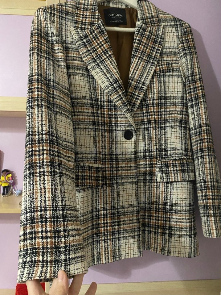 Düğmeli Kahverengi Ekose Kadın Blazer Ceket - Görsel 2