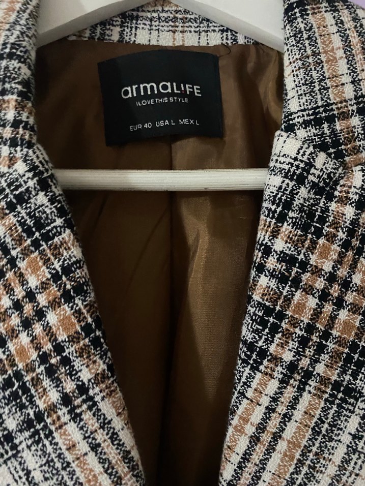 Düğmeli Kahverengi Ekose Kadın Blazer Ceket - Görsel 4