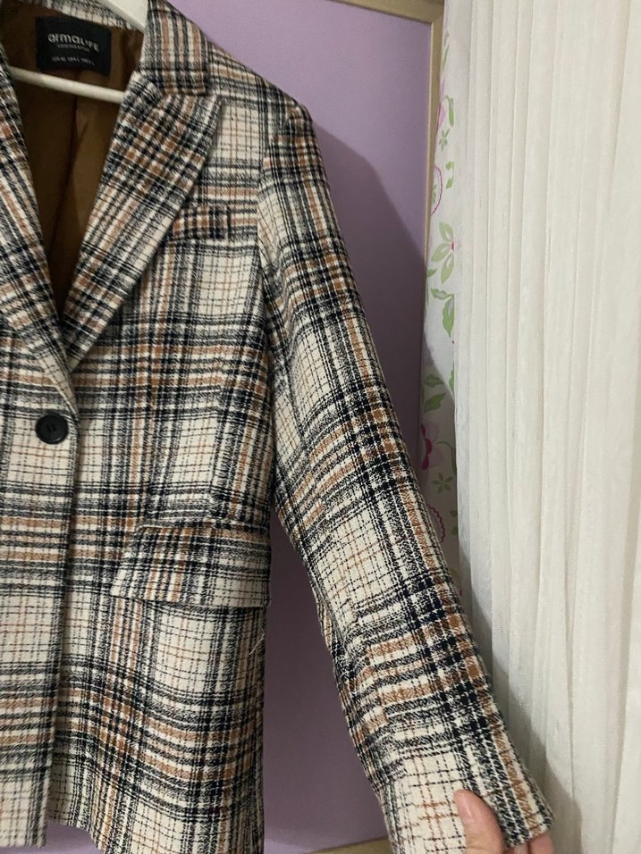 Düğmeli Kahverengi Ekose Kadın Blazer Ceket - Görsel 3