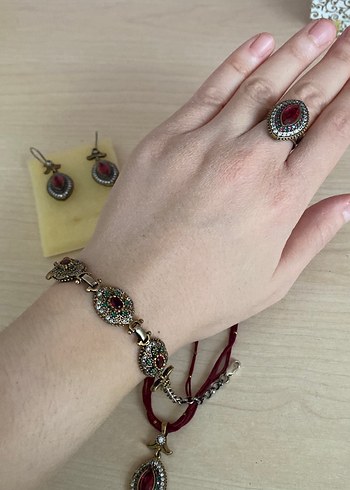 Kırmızı İşlemeli Boncuklu Gümüş Bohem Kadın Takı Seti - Görsel 5