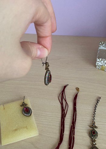 Kırmızı İşlemeli Boncuklu Gümüş Bohem Kadın Takı Seti - Görsel 4