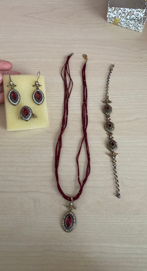 Kırmızı İşlemeli Boncuklu Gümüş Bohem Kadın Takı Seti - Görsel 2