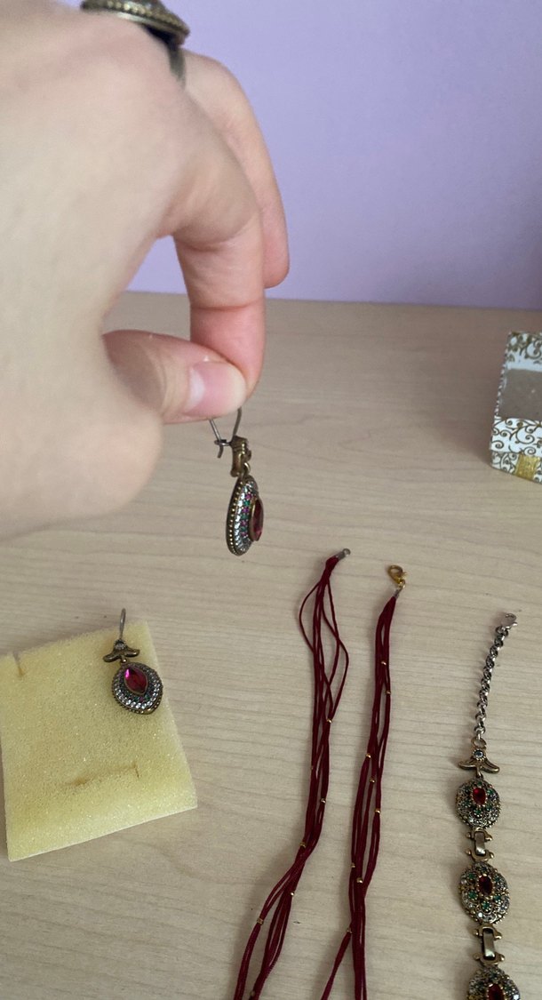 Kırmızı İşlemeli Boncuklu Gümüş Bohem Kadın Takı Seti - Görsel 4