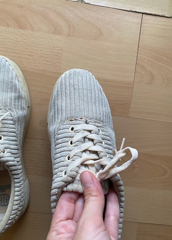 Beyaz Pliseli Keten Kadın Sneakers - Görsel 9