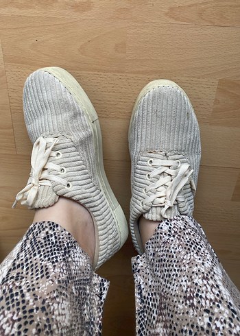 Beyaz Pliseli Keten Kadın Sneakers - Görsel 5