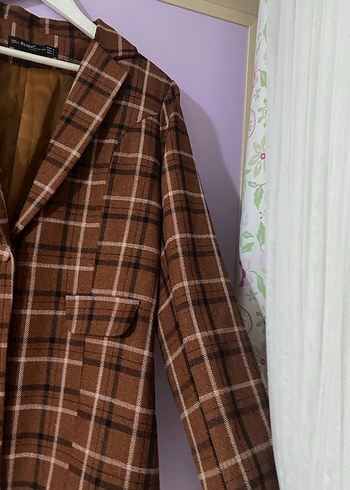 Düğmeli Kahverengi Kareli Kadın Blazer - Görsel 3