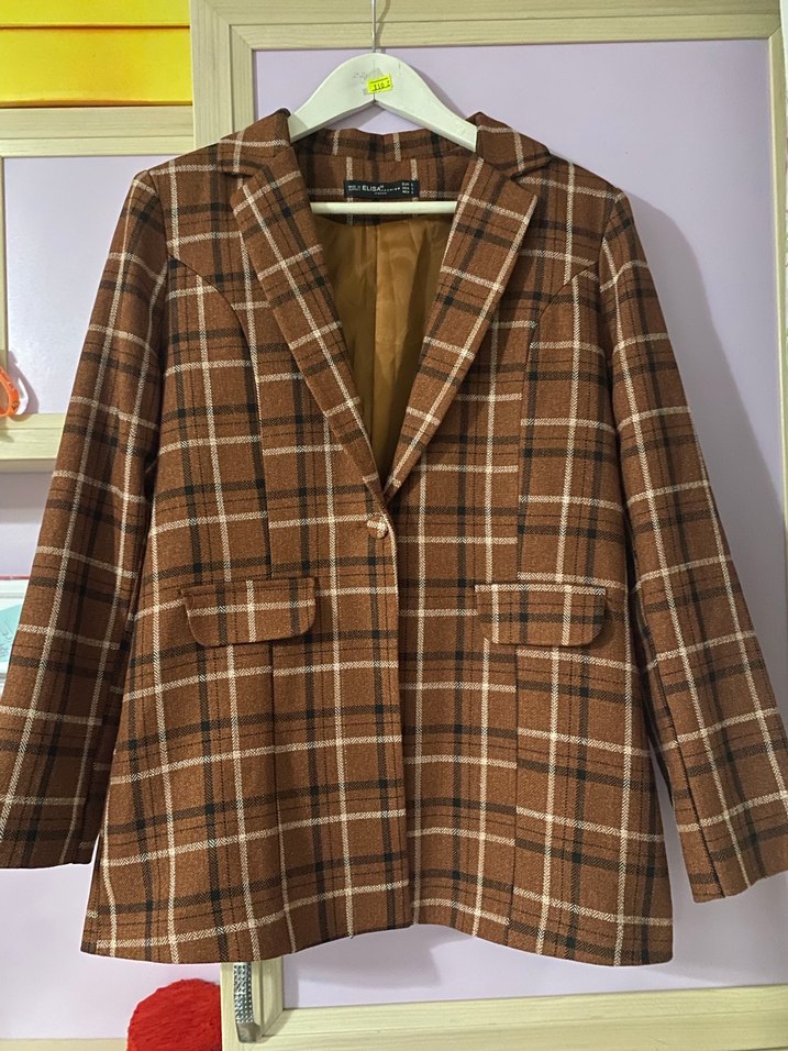 Düğmeli Kahverengi Kareli Kadın Blazer - Görsel 2