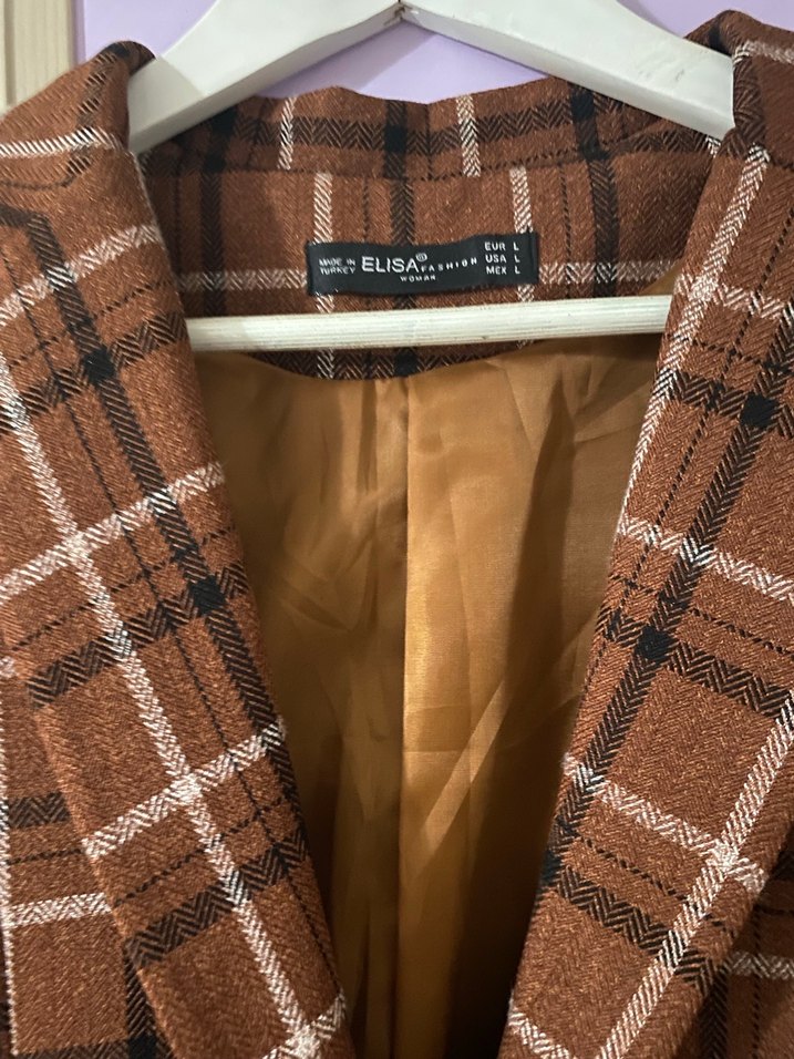 Düğmeli Kahverengi Kareli Kadın Blazer - Görsel 4