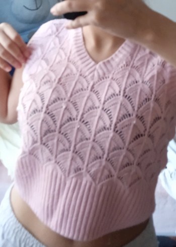 Pembe V Yaka Örgü Kadın Süveter - Görsel 2