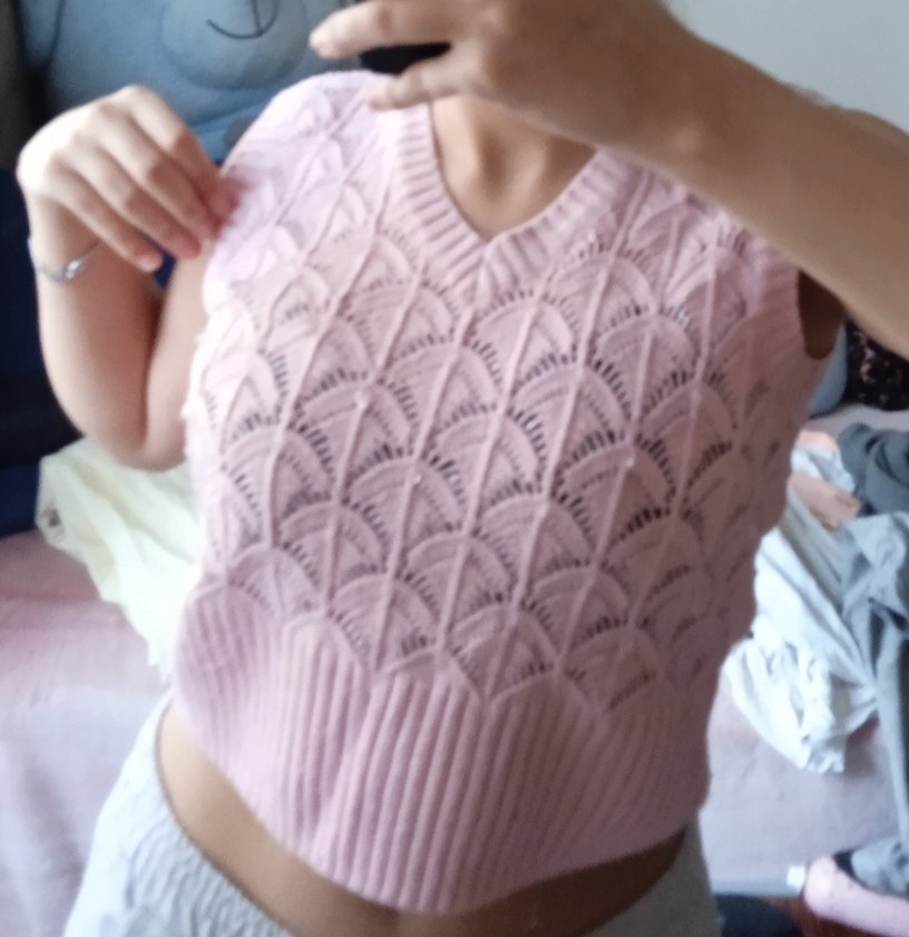 Pembe V Yaka Örgü Kadın Süveter - Görsel 2