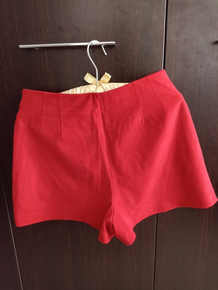 Kısa Kırmızı Drapeli Saten Şort Etek - Görsel 3