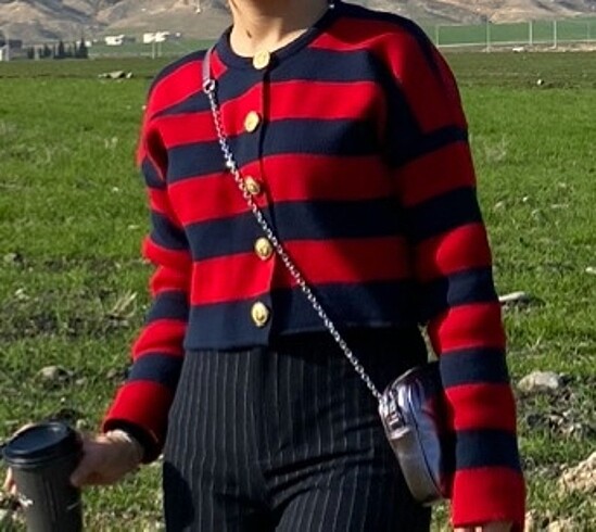 Kırmızı Lacivert çizgili Hırka