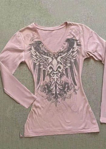 Pembe gothic wing Y2K uzun kollu bluz