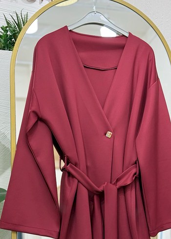 Bordo Düğmeli Uzun Kollu Kimono - Görsel 2