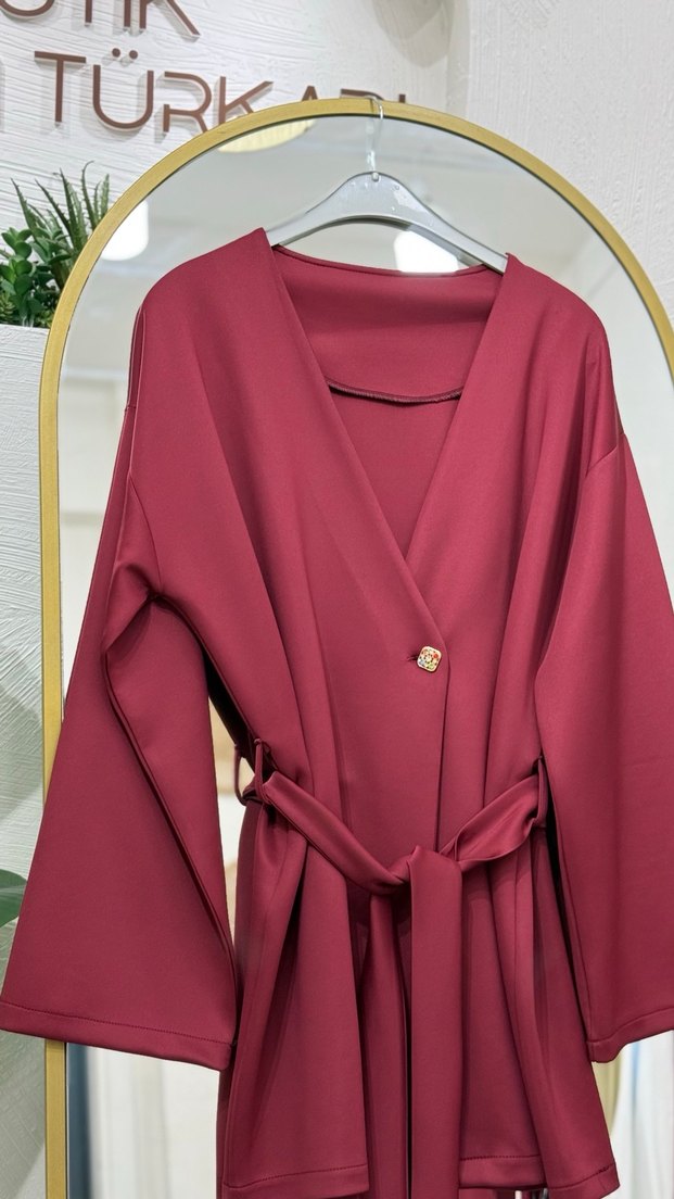 Bordo Düğmeli Uzun Kollu Kimono - Görsel 2