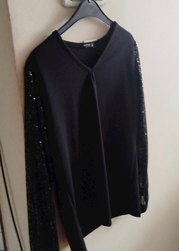 Siyah Simli Uzun Kollu V Yaka Bluz - Görsel 5