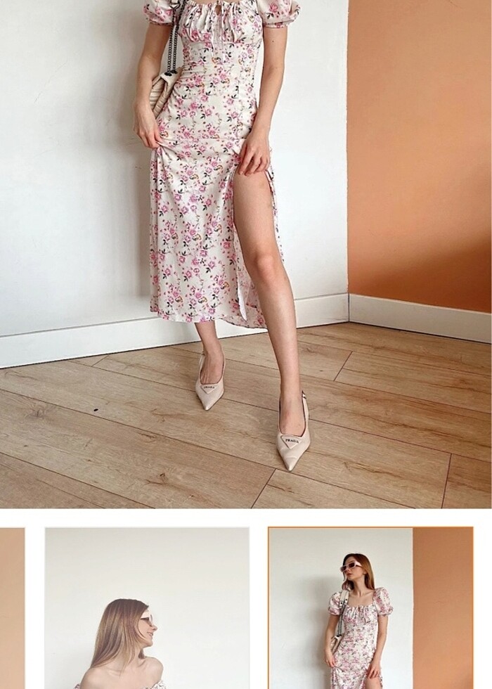 Çiçekli Uzun Beyaz Elbise - Görsel 4