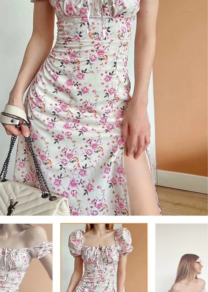 Çiçekli Uzun Beyaz Elbise - Görsel 2